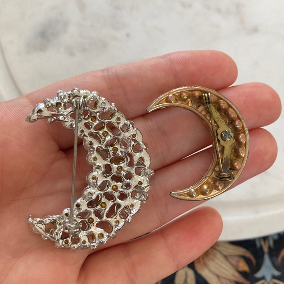 Vintage Crescent Moon Rhinestone Brooches - Picture 4 of 9